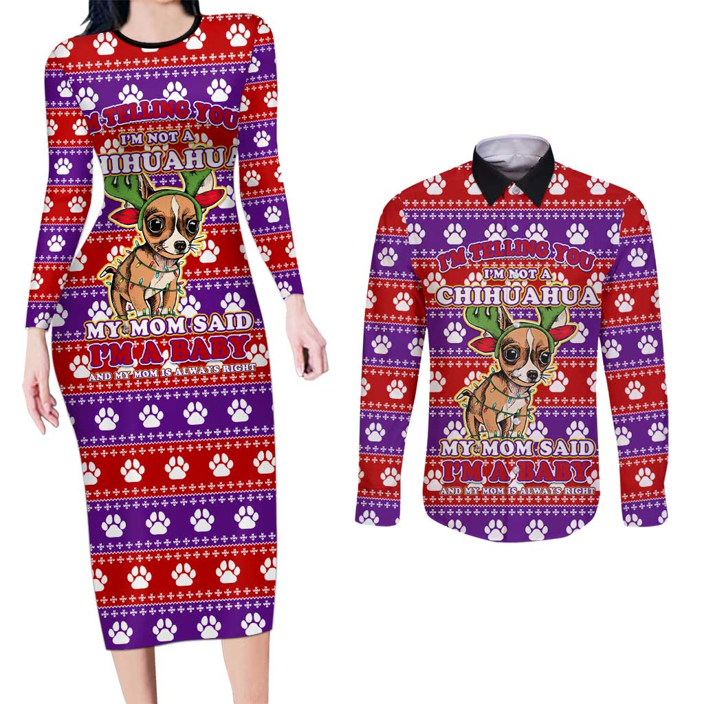 Chihuahua Christmas Couples Matching Long Sleeve Bodycon Dress and Long Sleeve Button Shirt with I’m Not a Chihuahua I’m a Baby Quote and Red Purple Christmas Pattern - Wonder Print Shop