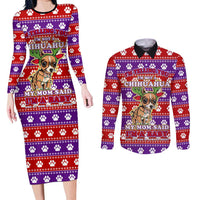 Chihuahua Christmas Couples Matching Long Sleeve Bodycon Dress and Long Sleeve Button Shirt with I’m Not a Chihuahua I’m a Baby Quote and Red Purple Christmas Pattern - Wonder Print Shop
