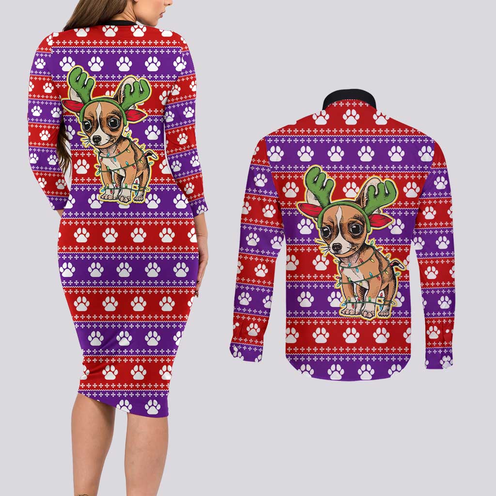 Chihuahua Christmas Couples Matching Long Sleeve Bodycon Dress and Long Sleeve Button Shirt with I’m Not a Chihuahua I’m a Baby Quote and Red Purple Christmas Pattern - Wonder Print Shop