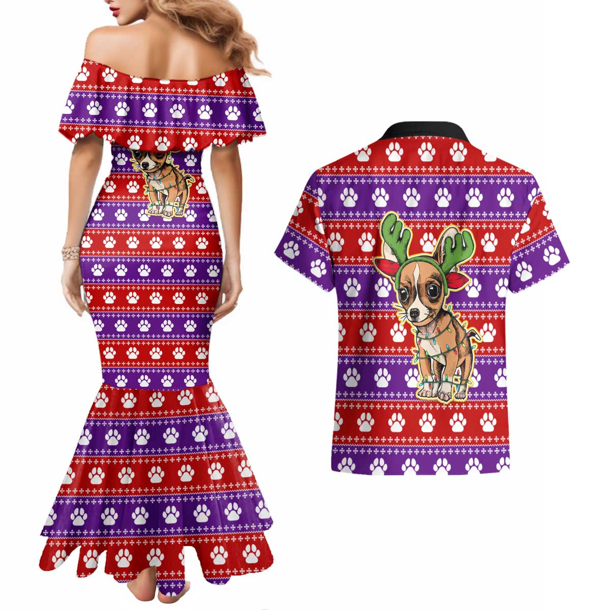 Chihuahua Christmas Couples Matching Mermaid Dress and Hawaiian Shirt with I’m Not a Chihuahua I’m a Baby Quote and Red Purple Christmas Pattern - Wonder Print Shop