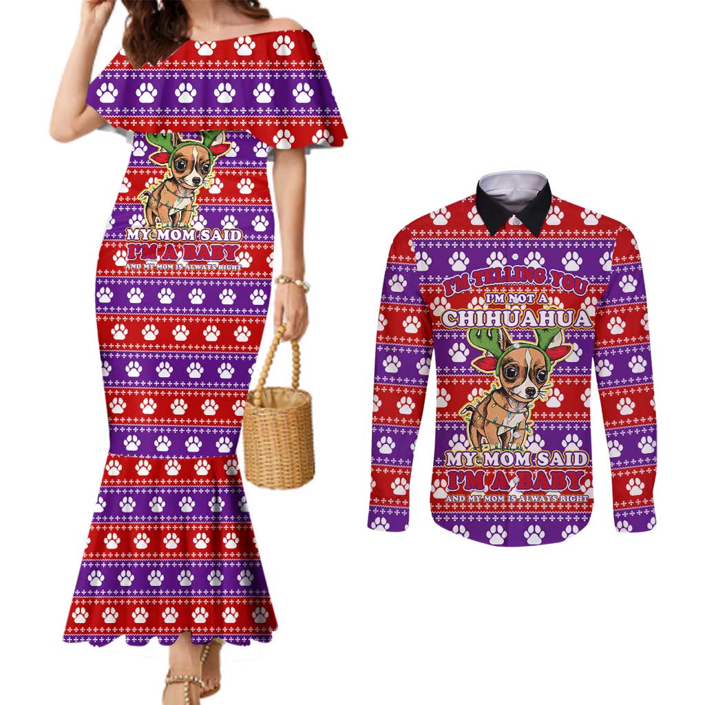 Chihuahua Christmas Couples Matching Mermaid Dress and Long Sleeve Button Shirt with I’m Not a Chihuahua I’m a Baby Quote and Red Purple Christmas Pattern - Wonder Print Shop