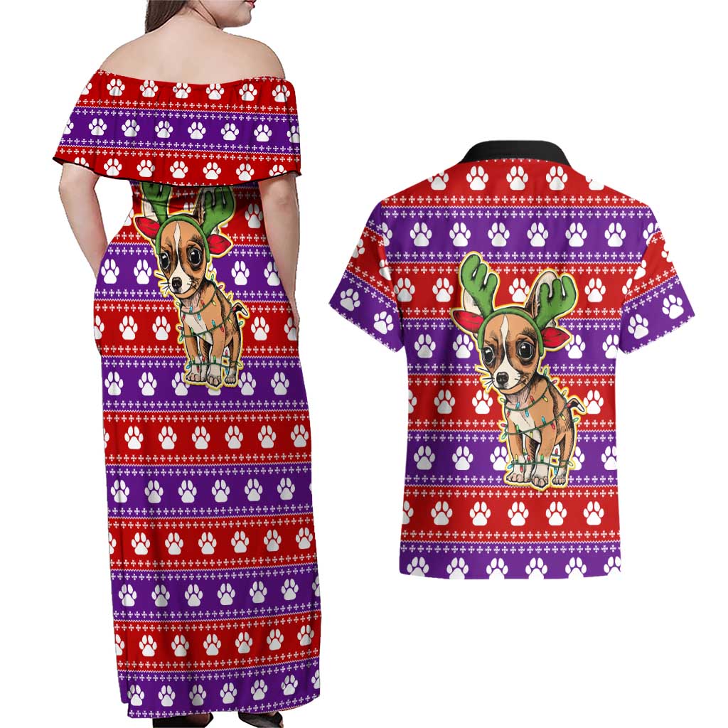Chihuahua Christmas Couples Matching Off Shoulder Maxi Dress and Hawaiian Shirt with I’m Not a Chihuahua I’m a Baby Quote and Red Purple Christmas Pattern - Wonder Print Shop