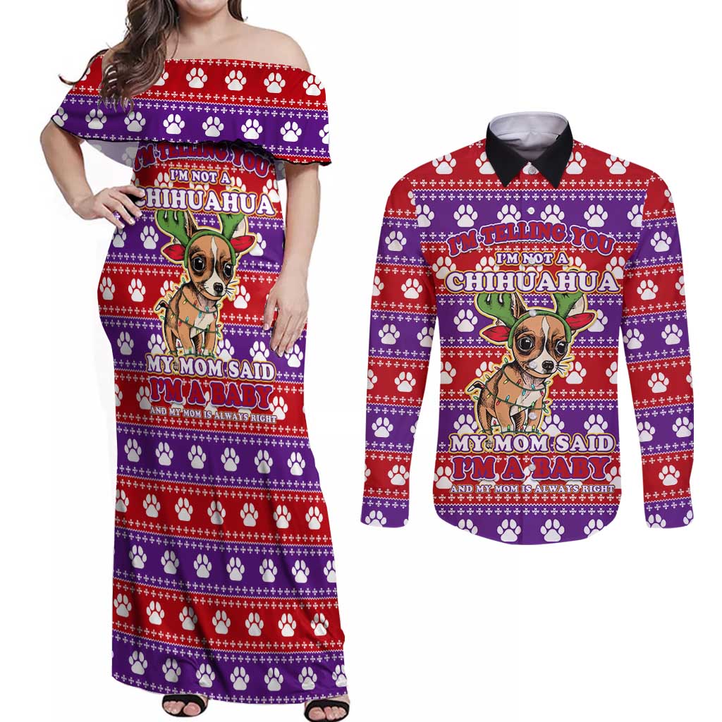 Chihuahua Christmas Couples Matching Off Shoulder Maxi Dress and Long Sleeve Button Shirt with I’m Not a Chihuahua I’m a Baby Quote and Red Purple Christmas Pattern - Wonder Print Shop