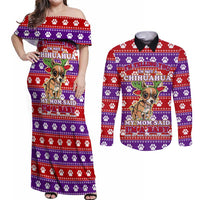 Chihuahua Christmas Couples Matching Off Shoulder Maxi Dress and Long Sleeve Button Shirt with I’m Not a Chihuahua I’m a Baby Quote and Red Purple Christmas Pattern - Wonder Print Shop