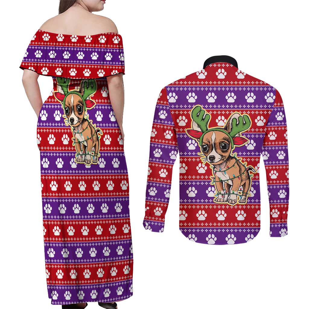 Chihuahua Christmas Couples Matching Off Shoulder Maxi Dress and Long Sleeve Button Shirt with I’m Not a Chihuahua I’m a Baby Quote and Red Purple Christmas Pattern - Wonder Print Shop