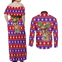 Chihuahua Christmas Couples Matching Off Shoulder Maxi Dress and Long Sleeve Button Shirt with I’m Not a Chihuahua I’m a Baby Quote and Red Purple Christmas Pattern - Wonder Print Shop