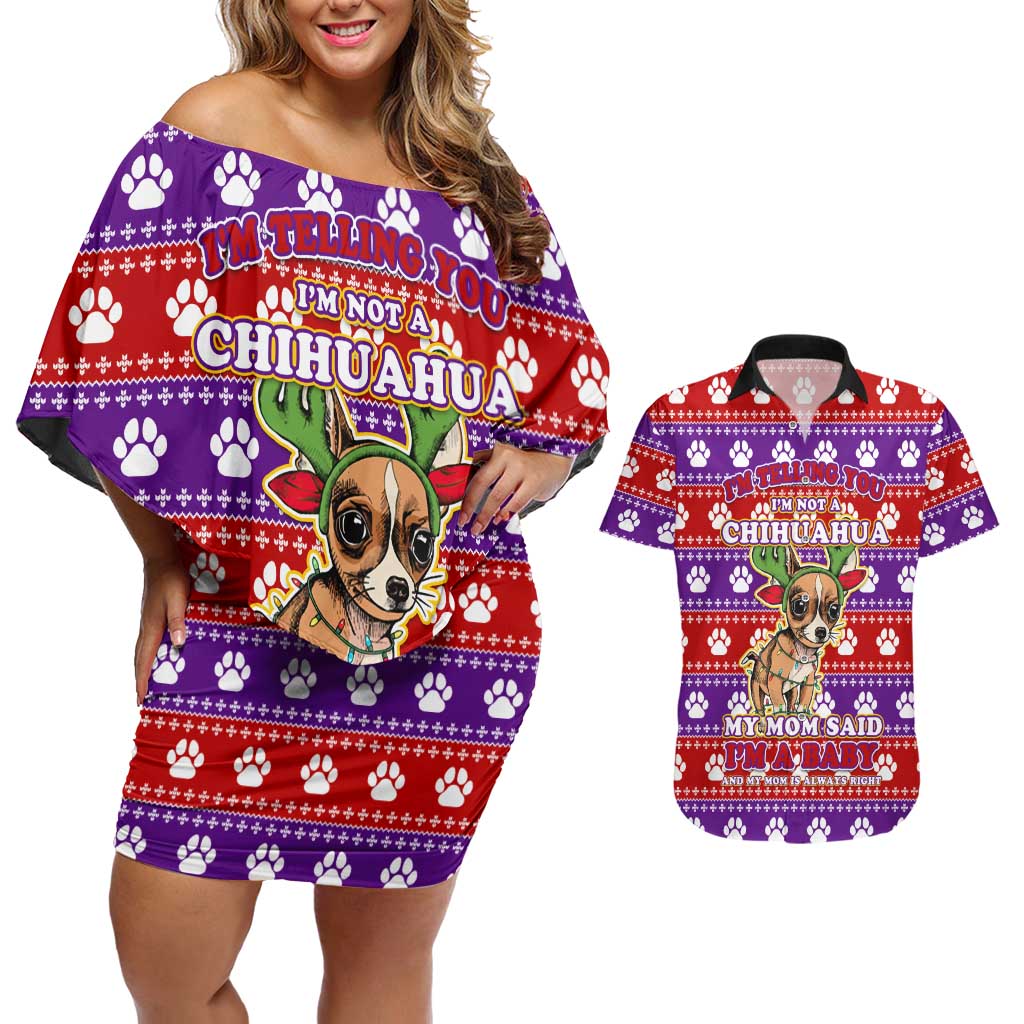 Chihuahua Christmas Couples Matching Off Shoulder Short Dress and Hawaiian Shirt with I’m Not a Chihuahua I’m a Baby Quote and Red Purple Christmas Pattern - Wonder Print Shop