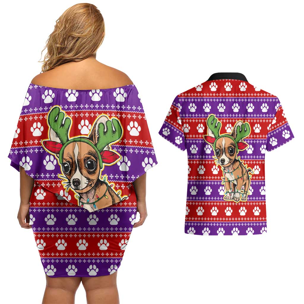 Chihuahua Christmas Couples Matching Off Shoulder Short Dress and Hawaiian Shirt with I’m Not a Chihuahua I’m a Baby Quote and Red Purple Christmas Pattern - Wonder Print Shop
