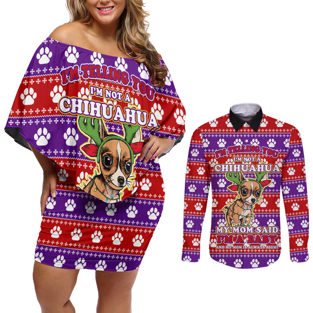 Chihuahua Christmas Couples Matching Off Shoulder Short Dress and Long Sleeve Button Shirt with I’m Not a Chihuahua I’m a Baby Quote and Red Purple Christmas Pattern - Wonder Print Shop