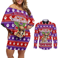 Chihuahua Christmas Couples Matching Off Shoulder Short Dress and Long Sleeve Button Shirt with I’m Not a Chihuahua I’m a Baby Quote and Red Purple Christmas Pattern - Wonder Print Shop