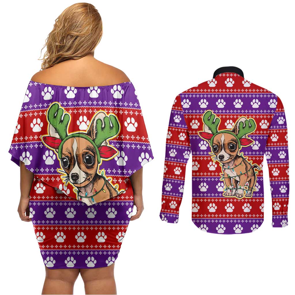 Chihuahua Christmas Couples Matching Off Shoulder Short Dress and Long Sleeve Button Shirt with I’m Not a Chihuahua I’m a Baby Quote and Red Purple Christmas Pattern - Wonder Print Shop