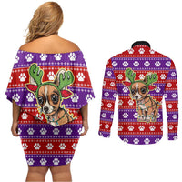 Chihuahua Christmas Couples Matching Off Shoulder Short Dress and Long Sleeve Button Shirt with I’m Not a Chihuahua I’m a Baby Quote and Red Purple Christmas Pattern - Wonder Print Shop