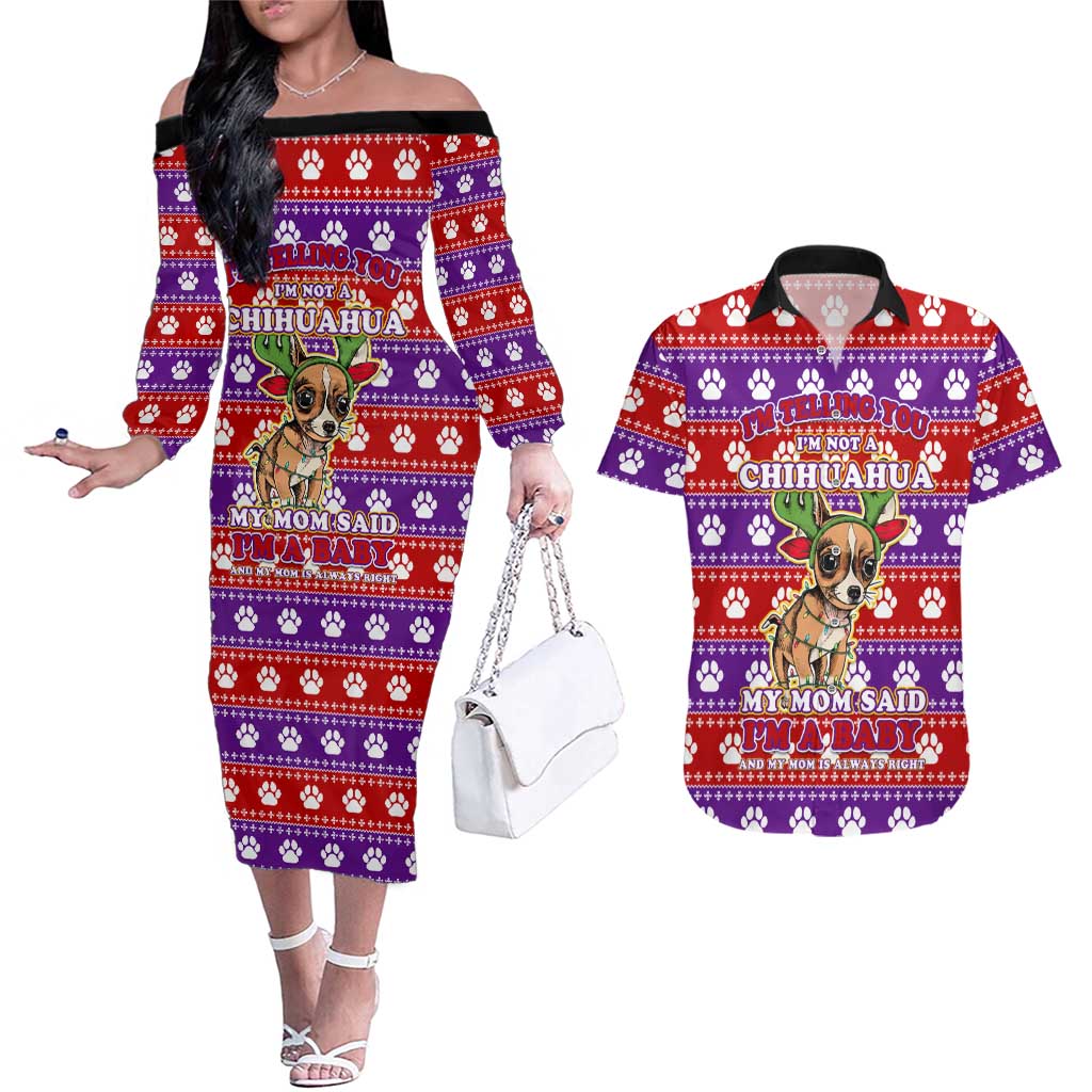 Chihuahua Christmas Couples Matching Off The Shoulder Long Sleeve Dress and Hawaiian Shirt with I’m Not a Chihuahua I’m a Baby Quote and Red Purple Christmas Pattern - Wonder Print Shop