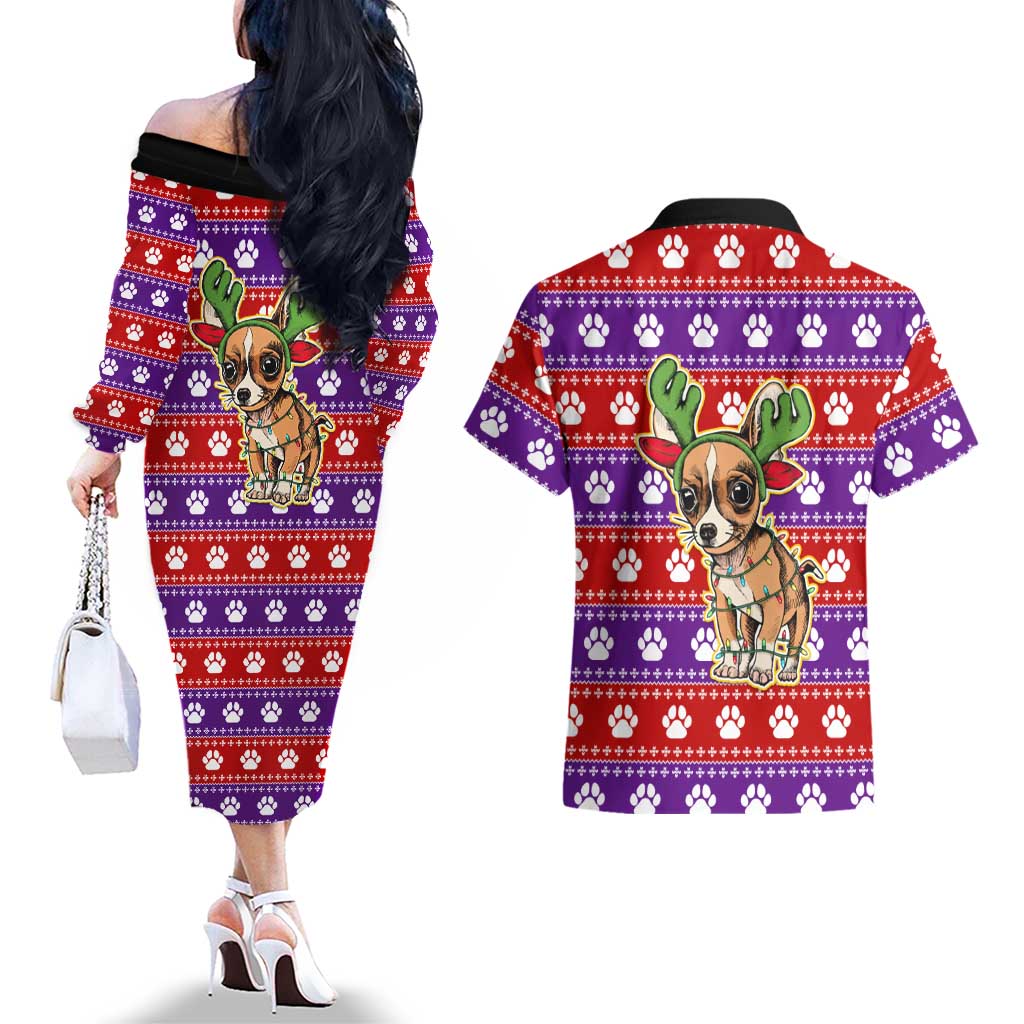 Chihuahua Christmas Couples Matching Off The Shoulder Long Sleeve Dress and Hawaiian Shirt with I’m Not a Chihuahua I’m a Baby Quote and Red Purple Christmas Pattern - Wonder Print Shop