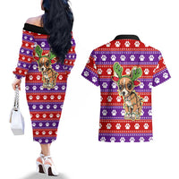 Chihuahua Christmas Couples Matching Off The Shoulder Long Sleeve Dress and Hawaiian Shirt with I’m Not a Chihuahua I’m a Baby Quote and Red Purple Christmas Pattern - Wonder Print Shop