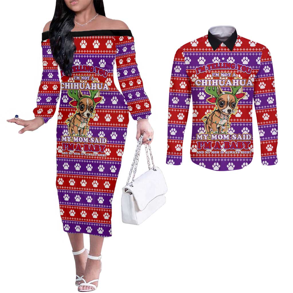 Chihuahua Christmas Couples Matching Off The Shoulder Long Sleeve Dress and Long Sleeve Button Shirt with I’m Not a Chihuahua I’m a Baby Quote and Red Purple Christmas Pattern - Wonder Print Shop