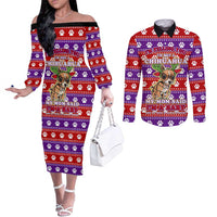 Chihuahua Christmas Couples Matching Off The Shoulder Long Sleeve Dress and Long Sleeve Button Shirt with I’m Not a Chihuahua I’m a Baby Quote and Red Purple Christmas Pattern - Wonder Print Shop