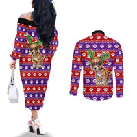 Chihuahua Christmas Couples Matching Off The Shoulder Long Sleeve Dress and Long Sleeve Button Shirt with I’m Not a Chihuahua I’m a Baby Quote and Red Purple Christmas Pattern - Wonder Print Shop