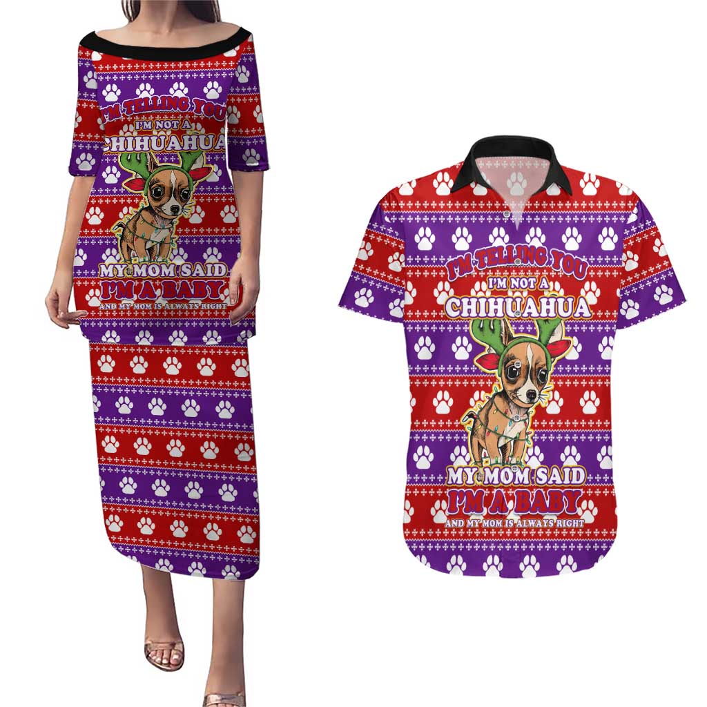 Chihuahua Christmas Couples Matching Puletasi and Hawaiian Shirt with I’m Not a Chihuahua I’m a Baby Quote and Red Purple Christmas Pattern - Wonder Print Shop