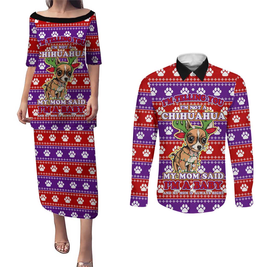 Chihuahua Christmas Couples Matching Puletasi and Long Sleeve Button Shirt with I’m Not a Chihuahua I’m a Baby Quote and Red Purple Christmas Pattern - Wonder Print Shop