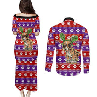 Chihuahua Christmas Couples Matching Puletasi and Long Sleeve Button Shirt with I’m Not a Chihuahua I’m a Baby Quote and Red Purple Christmas Pattern - Wonder Print Shop