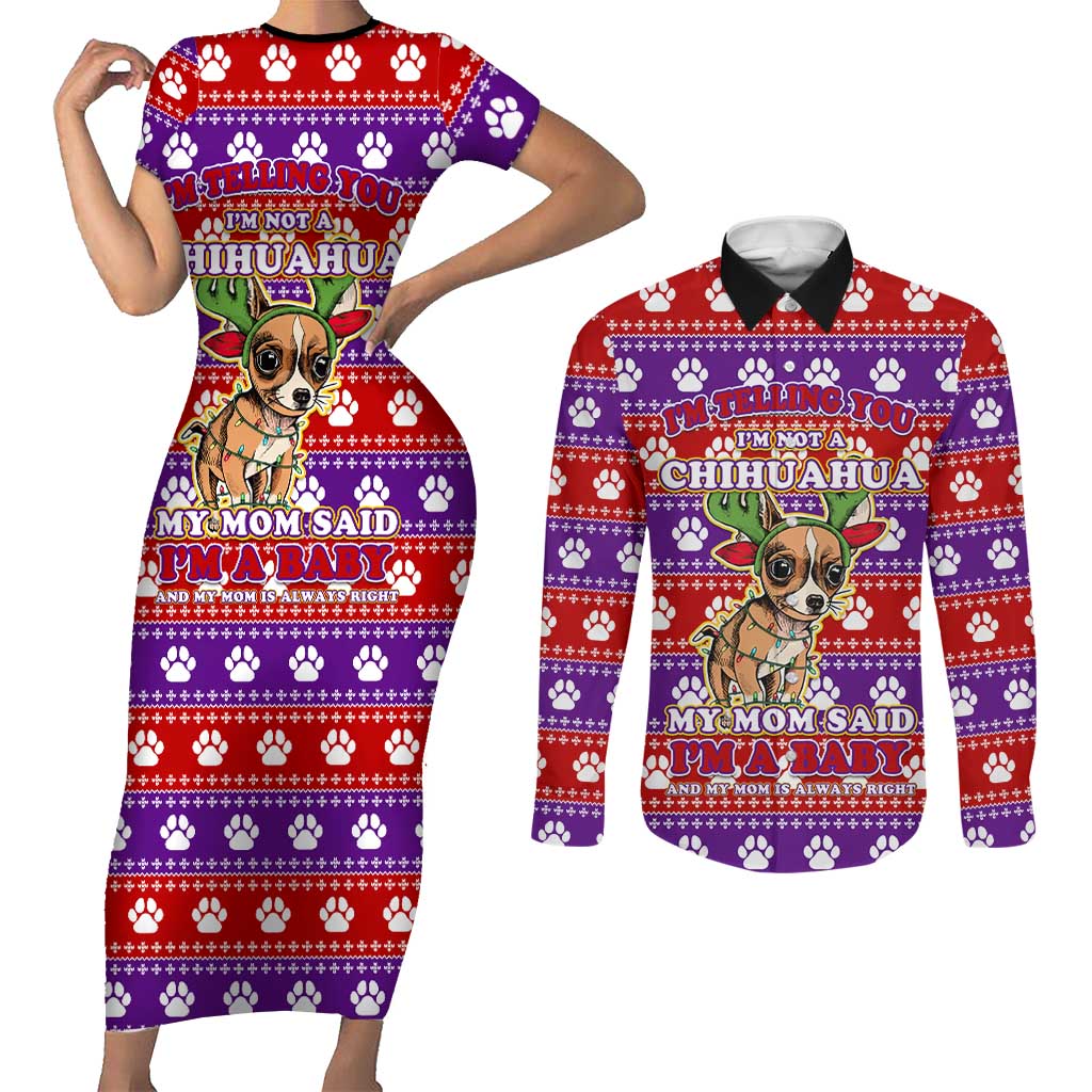 Chihuahua Christmas Couples Matching Short Sleeve Bodycon Dress and Long Sleeve Button Shirt with I’m Not a Chihuahua I’m a Baby Quote and Red Purple Christmas Pattern - Wonder Print Shop