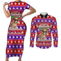Chihuahua Christmas Couples Matching Short Sleeve Bodycon Dress and Long Sleeve Button Shirt with I’m Not a Chihuahua I’m a Baby Quote and Red Purple Christmas Pattern - Wonder Print Shop