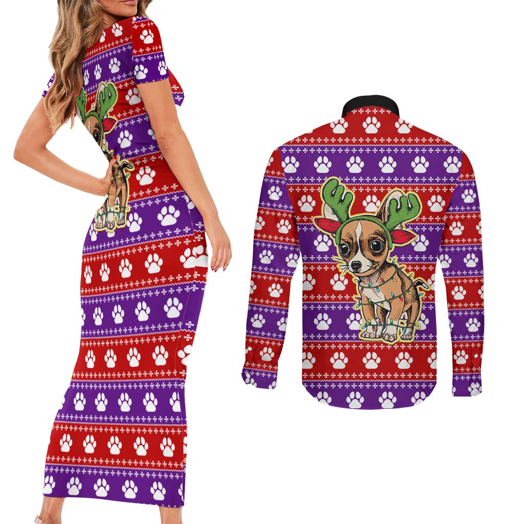 Chihuahua Christmas Couples Matching Short Sleeve Bodycon Dress and Long Sleeve Button Shirt with I’m Not a Chihuahua I’m a Baby Quote and Red Purple Christmas Pattern - Wonder Print Shop
