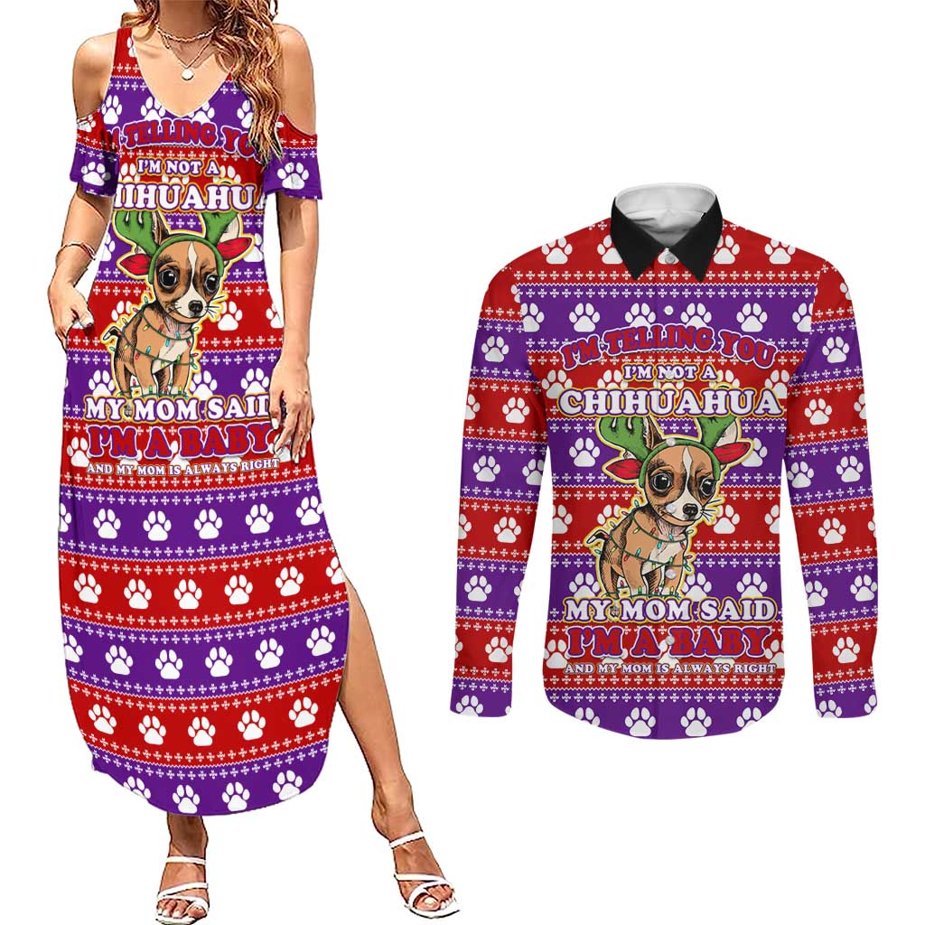 Chihuahua Christmas Couples Matching Summer Maxi Dress and Long Sleeve Button Shirt with I’m Not a Chihuahua I’m a Baby Quote and Red Purple Christmas Pattern - Wonder Print Shop