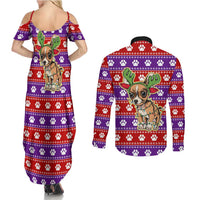 Chihuahua Christmas Couples Matching Summer Maxi Dress and Long Sleeve Button Shirt with I’m Not a Chihuahua I’m a Baby Quote and Red Purple Christmas Pattern - Wonder Print Shop