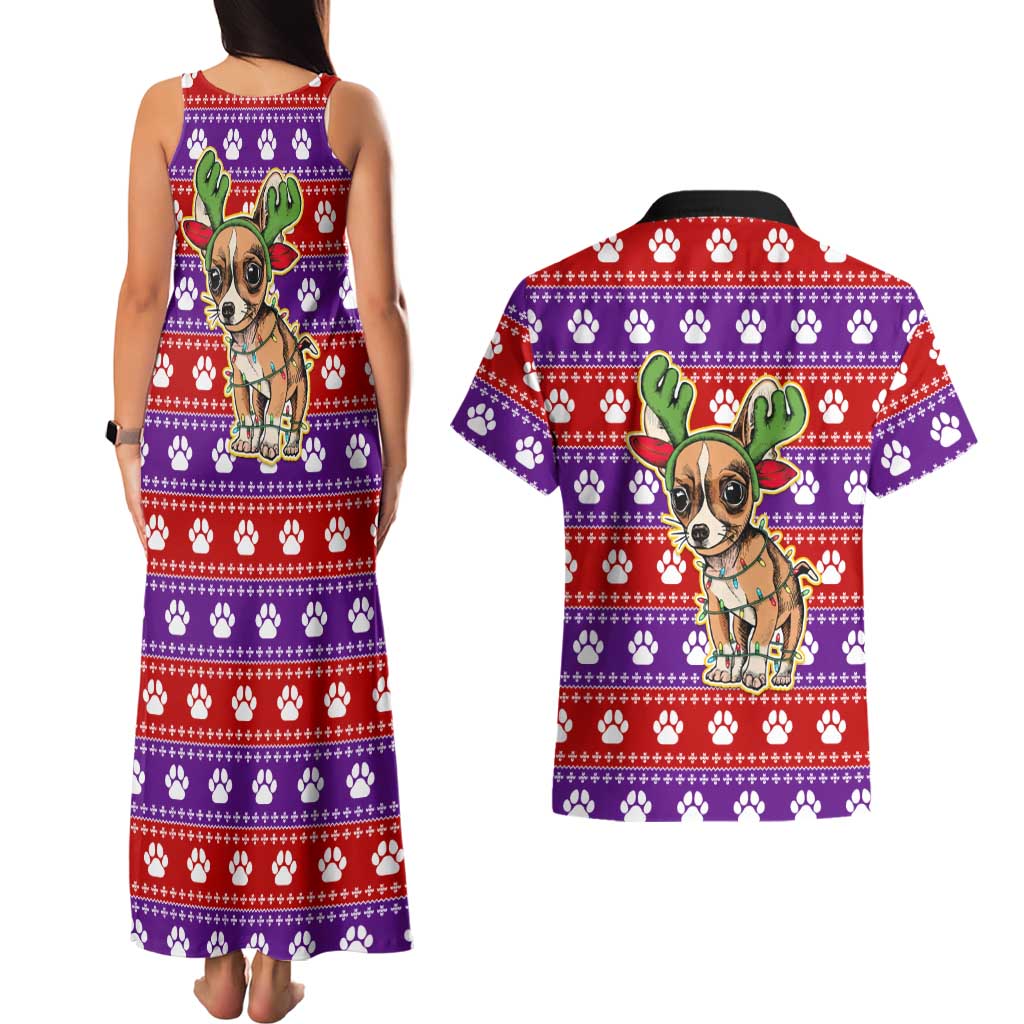 Chihuahua Christmas Couples Matching Tank Maxi Dress and Hawaiian Shirt with I’m Not a Chihuahua I’m a Baby Quote and Red Purple Christmas Pattern - Wonder Print Shop