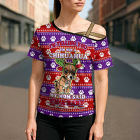 Chihuahua Christmas Cross Shoulder Shirt with I’m Not a Chihuahua I’m a Baby Quote and Red Purple Christmas Pattern - Wonder Print Shop