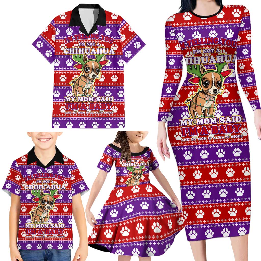 Chihuahua Christmas Family Matching Long Sleeve Bodycon Dress and Hawaiian Shirt with I’m Not a Chihuahua I’m a Baby Quote and Red Purple Christmas Pattern - Wonder Print Shop