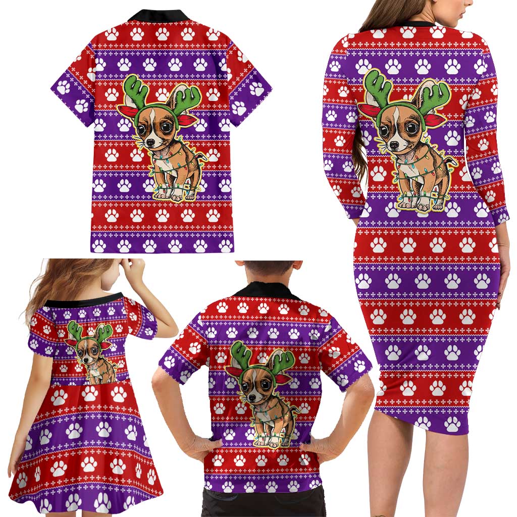 Chihuahua Christmas Family Matching Long Sleeve Bodycon Dress and Hawaiian Shirt with I’m Not a Chihuahua I’m a Baby Quote and Red Purple Christmas Pattern - Wonder Print Shop