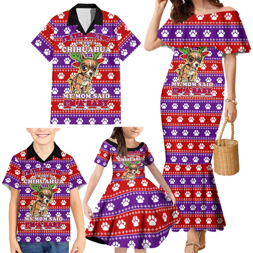 Chihuahua Christmas Family Matching Mermaid Dress and Hawaiian Shirt with I’m Not a Chihuahua I’m a Baby Quote and Red Purple Christmas Pattern - Wonder Print Shop