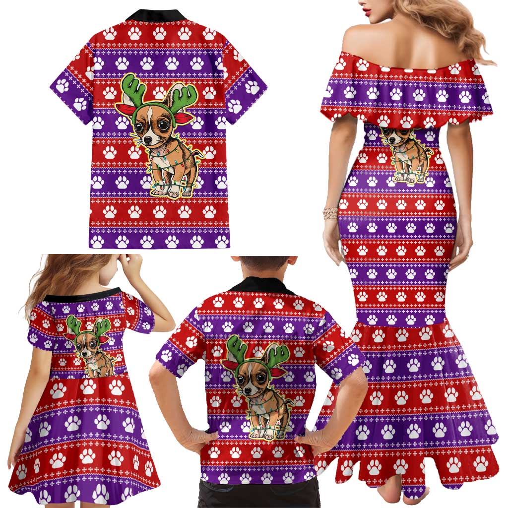 Chihuahua Christmas Family Matching Mermaid Dress and Hawaiian Shirt with I’m Not a Chihuahua I’m a Baby Quote and Red Purple Christmas Pattern - Wonder Print Shop