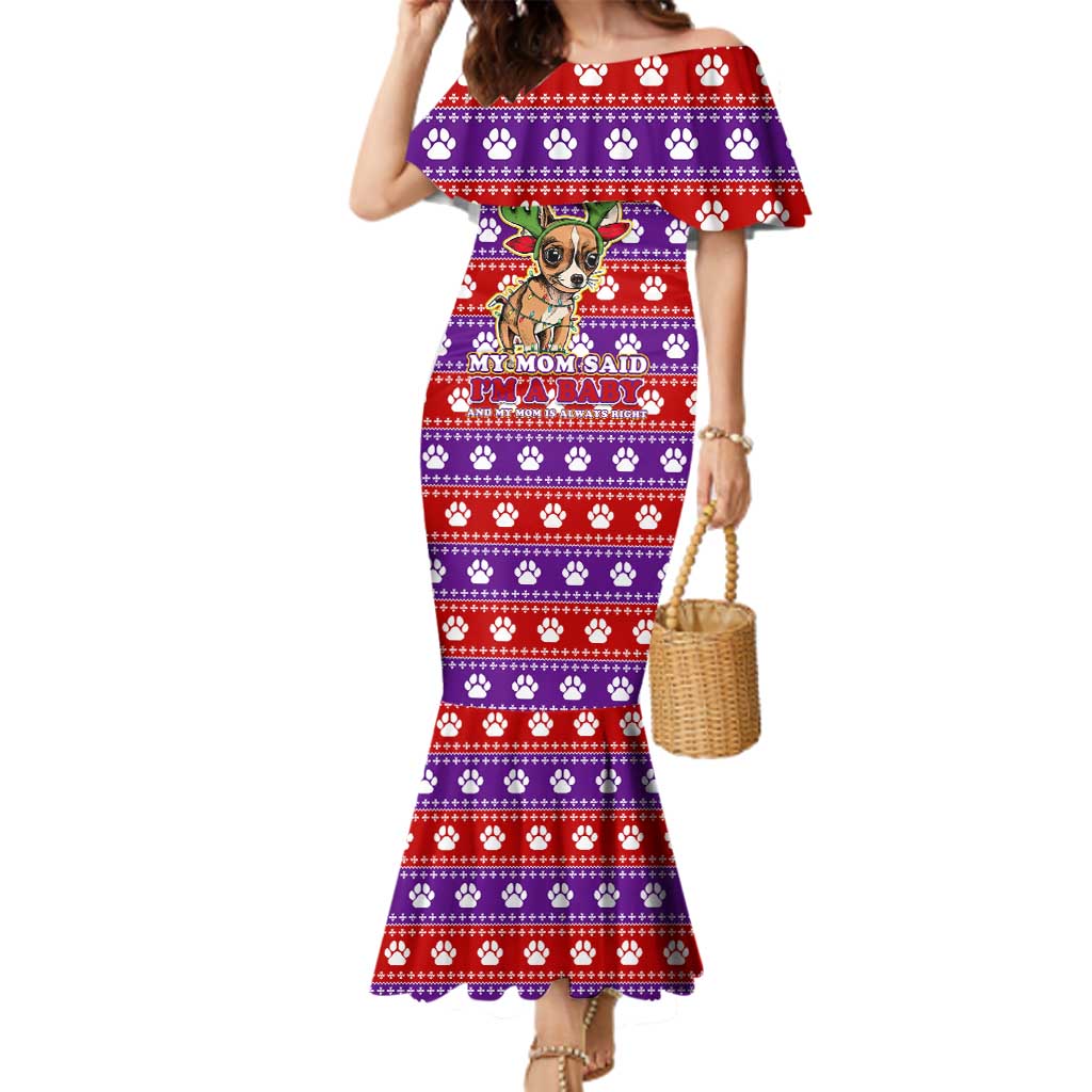 Chihuahua Christmas Family Matching Mermaid Dress and Hawaiian Shirt with I’m Not a Chihuahua I’m a Baby Quote and Red Purple Christmas Pattern - Wonder Print Shop