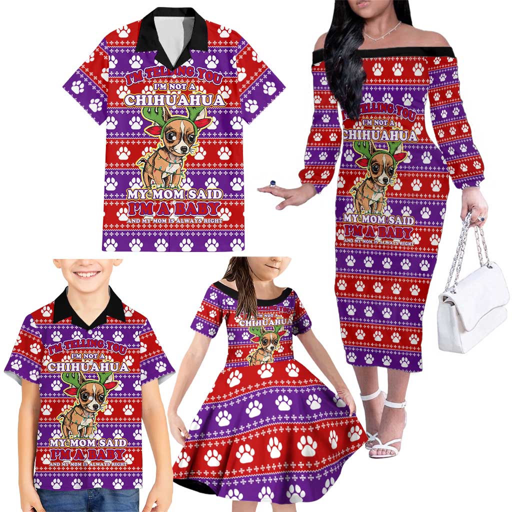 Chihuahua Christmas Family Matching Off The Shoulder Long Sleeve Dress and Hawaiian Shirt with I’m Not a Chihuahua I’m a Baby Quote and Red Purple Christmas Pattern - Wonder Print Shop