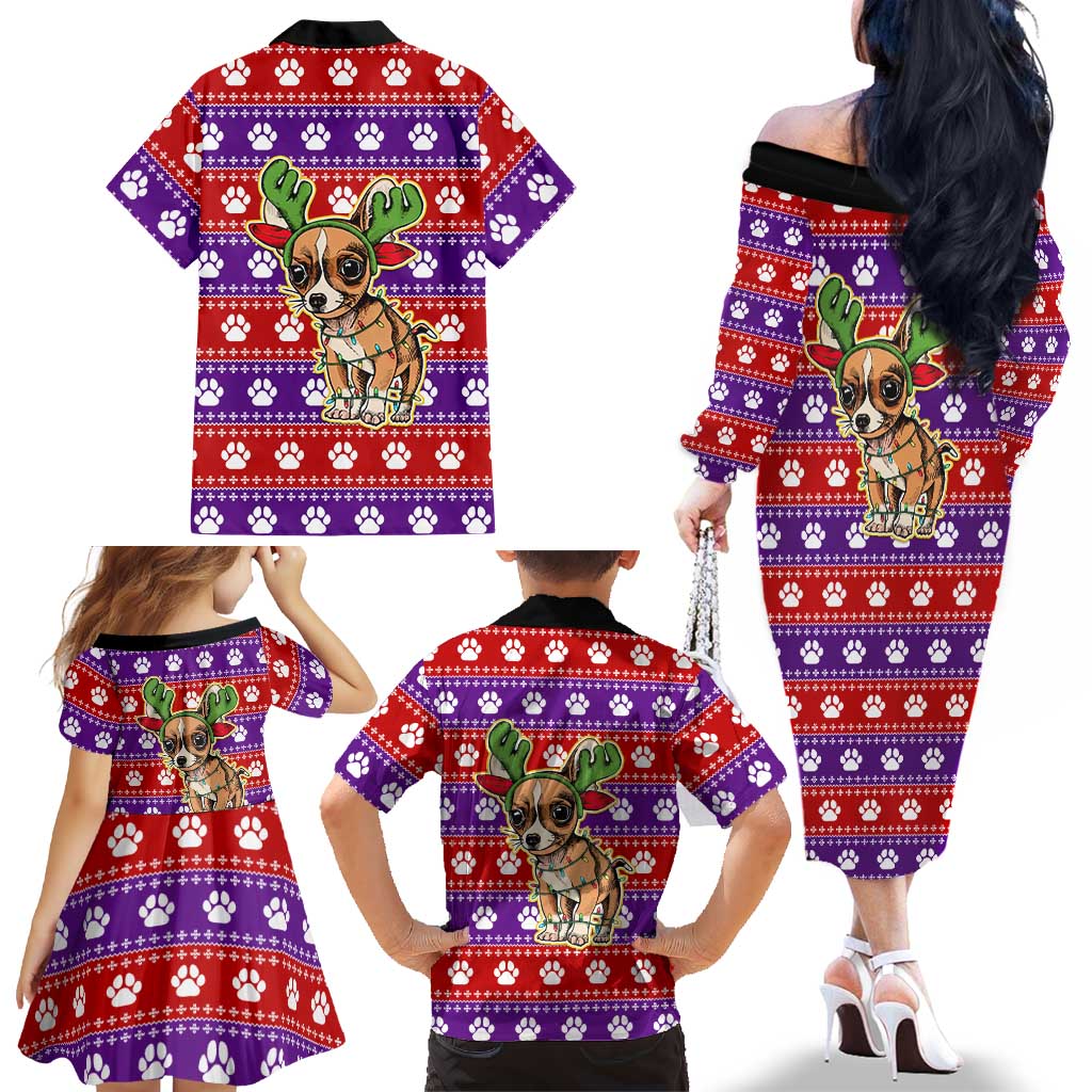 Chihuahua Christmas Family Matching Off The Shoulder Long Sleeve Dress and Hawaiian Shirt with I’m Not a Chihuahua I’m a Baby Quote and Red Purple Christmas Pattern - Wonder Print Shop