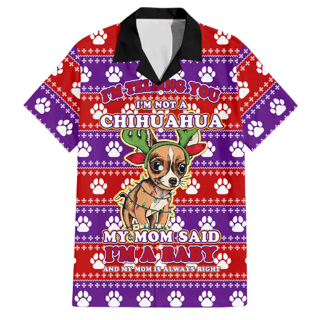 Chihuahua Christmas Family Matching Off The Shoulder Long Sleeve Dress and Hawaiian Shirt with I’m Not a Chihuahua I’m a Baby Quote and Red Purple Christmas Pattern - Wonder Print Shop