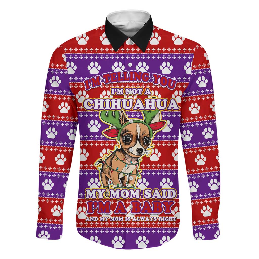 Chihuahua Christmas Family Matching Off The Shoulder Long Sleeve Dress and Hawaiian Shirt with I’m Not a Chihuahua I’m a Baby Quote and Red Purple Christmas Pattern - Wonder Print Shop