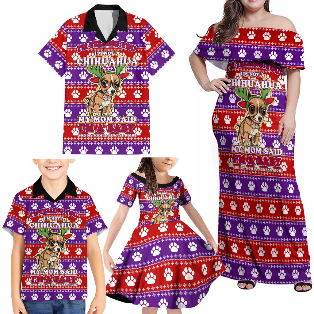 Chihuahua Christmas Family Matching Off Shoulder Maxi Dress and Hawaiian Shirt with I’m Not a Chihuahua I’m a Baby Quote and Red Purple Christmas Pattern - Wonder Print Shop