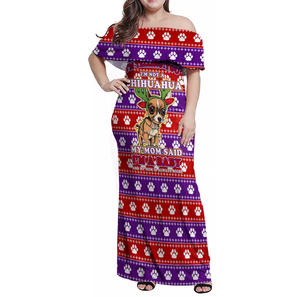Chihuahua Christmas Family Matching Off Shoulder Maxi Dress and Hawaiian Shirt with I’m Not a Chihuahua I’m a Baby Quote and Red Purple Christmas Pattern - Wonder Print Shop
