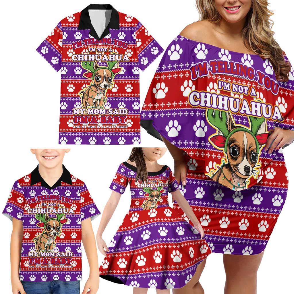 Chihuahua Christmas Family Matching Off Shoulder Short Dress and Hawaiian Shirt with I’m Not a Chihuahua I’m a Baby Quote and Red Purple Christmas Pattern - Wonder Print Shop