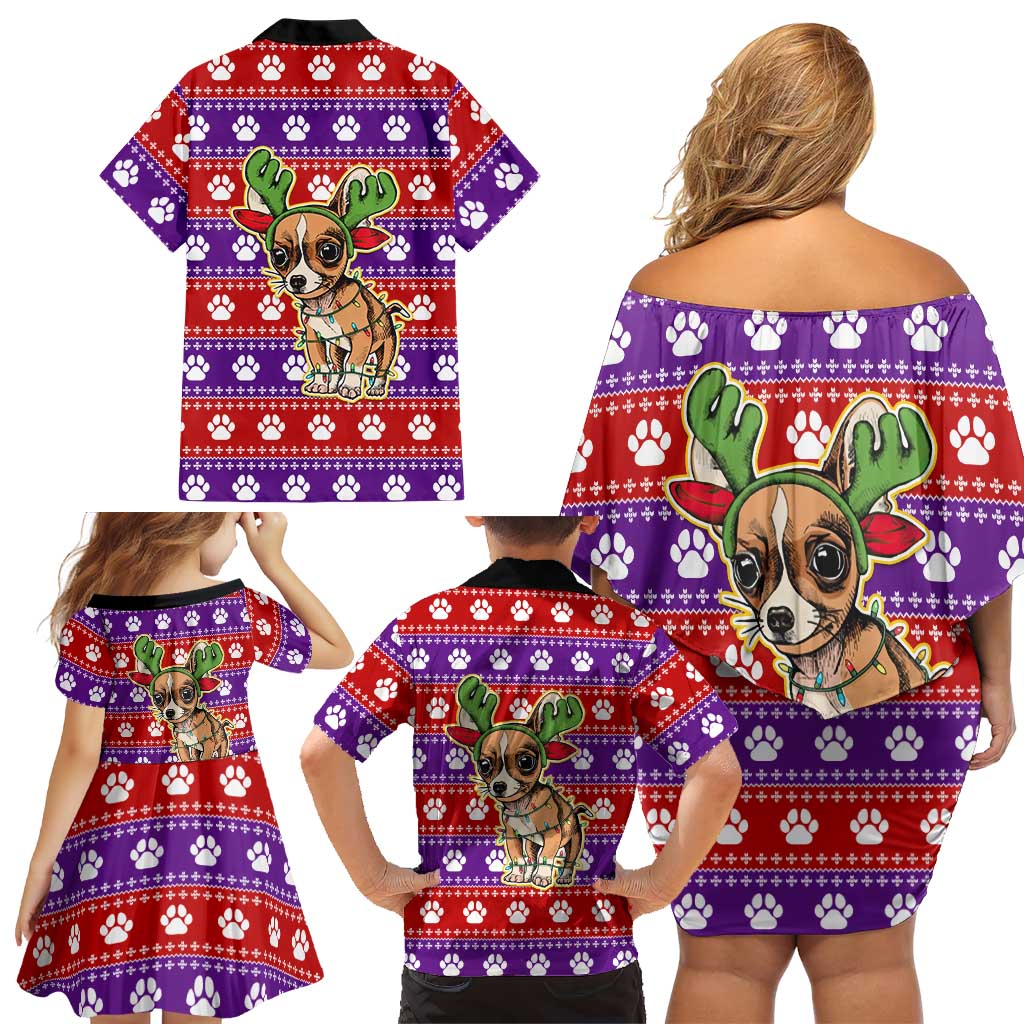 Chihuahua Christmas Family Matching Off Shoulder Short Dress and Hawaiian Shirt with I’m Not a Chihuahua I’m a Baby Quote and Red Purple Christmas Pattern - Wonder Print Shop