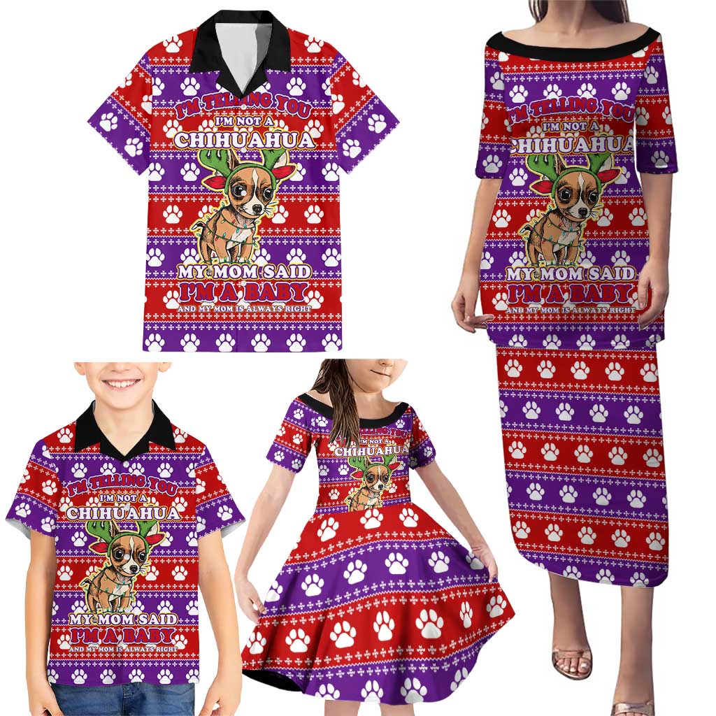 Chihuahua Christmas Family Matching Puletasi and Hawaiian Shirt with I’m Not a Chihuahua I’m a Baby Quote and Red Purple Christmas Pattern - Wonder Print Shop