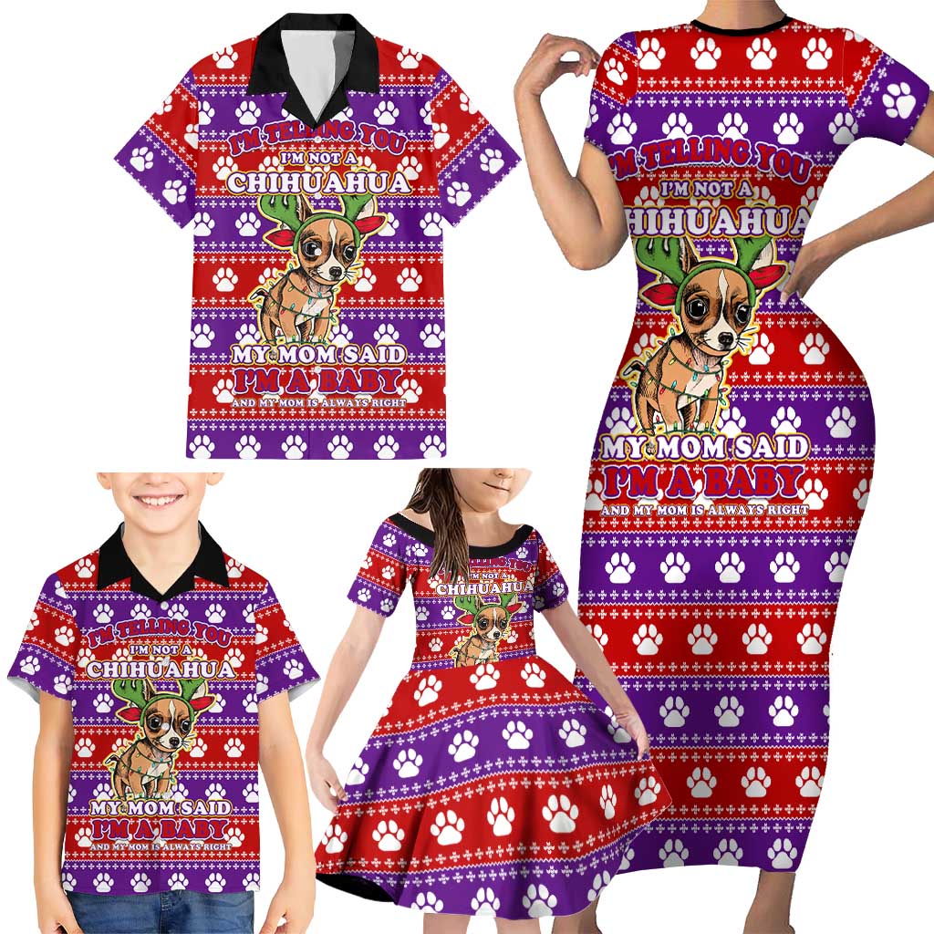 Chihuahua Christmas Family Matching Short Sleeve Bodycon Dress and Hawaiian Shirt with I’m Not a Chihuahua I’m a Baby Quote and Red Purple Christmas Pattern - Wonder Print Shop