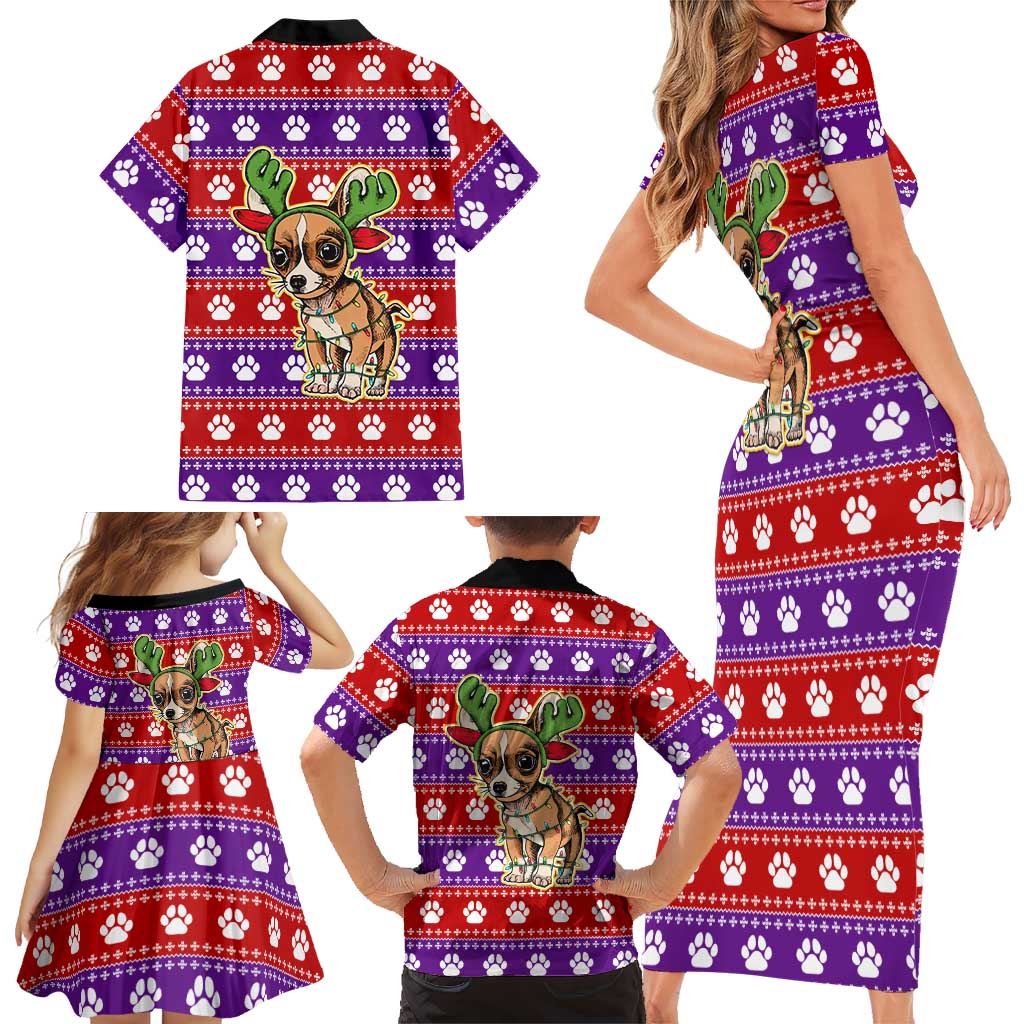 Chihuahua Christmas Family Matching Short Sleeve Bodycon Dress and Hawaiian Shirt with I’m Not a Chihuahua I’m a Baby Quote and Red Purple Christmas Pattern - Wonder Print Shop