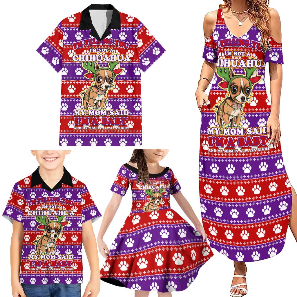 Chihuahua Christmas Family Matching Summer Maxi Dress and Hawaiian Shirt with I’m Not a Chihuahua I’m a Baby Quote and Red Purple Christmas Pattern - Wonder Print Shop