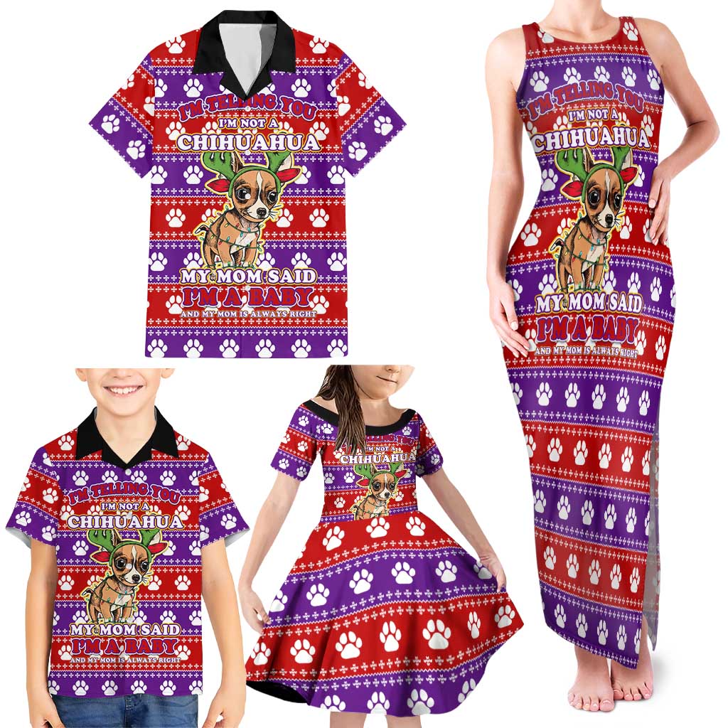 Chihuahua Christmas Family Matching Tank Maxi Dress and Hawaiian Shirt with I’m Not a Chihuahua I’m a Baby Quote and Red Purple Christmas Pattern - Wonder Print Shop